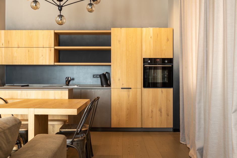 Modern interior kitchen design featuring custom cabinetry